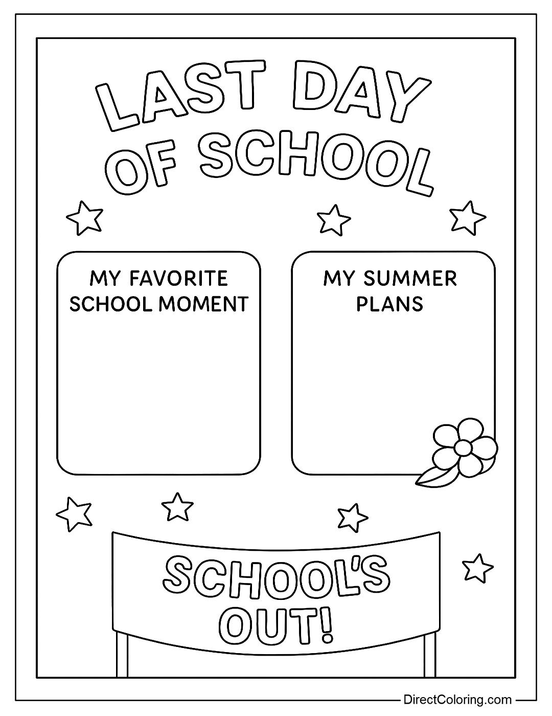 A last day of school coloring page depicting a memory keepsake with spaces to draw “My favorite school moment” and “My summer plans,”